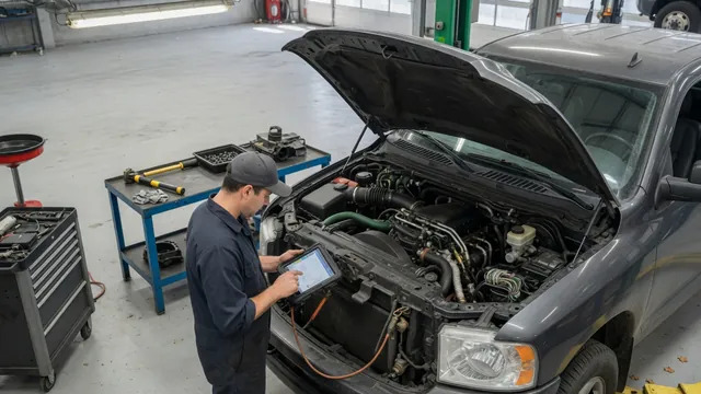 Technician reviewing diagnostic scan data beside a parked diesel vehicle with its hood open