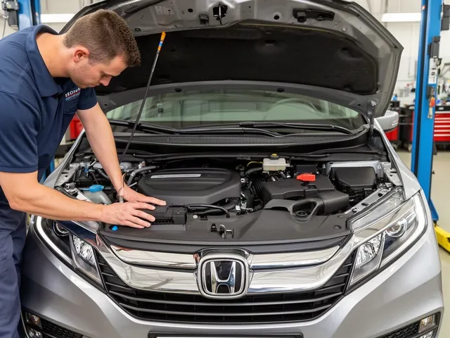 Technician inspecting the alternator area in a Honda Odyssey engine bay with the engine off