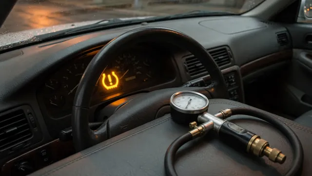 Illuminated tire pressure warning symbol on a dashboard with a tire pressure gauge nearby