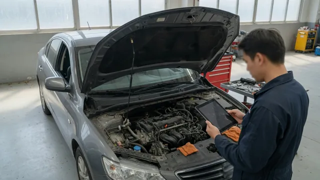 Technician reviewing diagnostic scan data beside a parked vehicle with its hood open