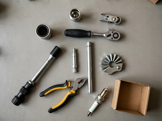 Spark plug sockets, ratchet, extensions, torque wrench, boot pliers and gap gauge laid out on a workbench next to a new spark plug