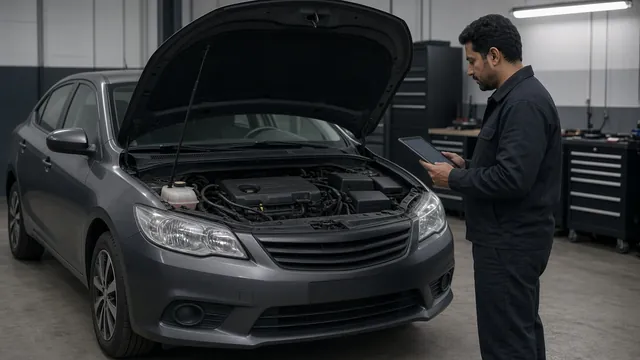 Parked car with its hood open while a technician reviews cooling system diagnostic readings