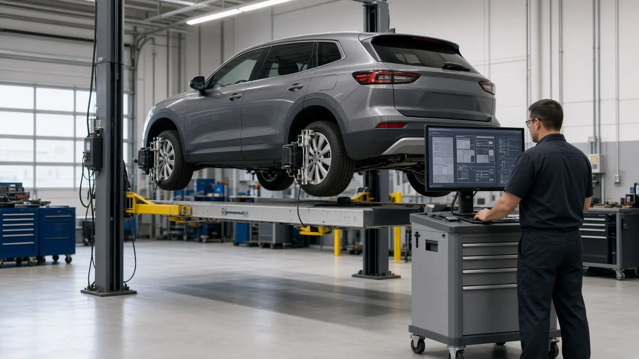 Crossover on an alignment rack with sensors on all four wheels while a technician checks the readout screen