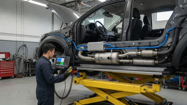 Technician using a diagnostic scan tool on a diesel truck with SCR exhaust aftertreatment components visible underneath