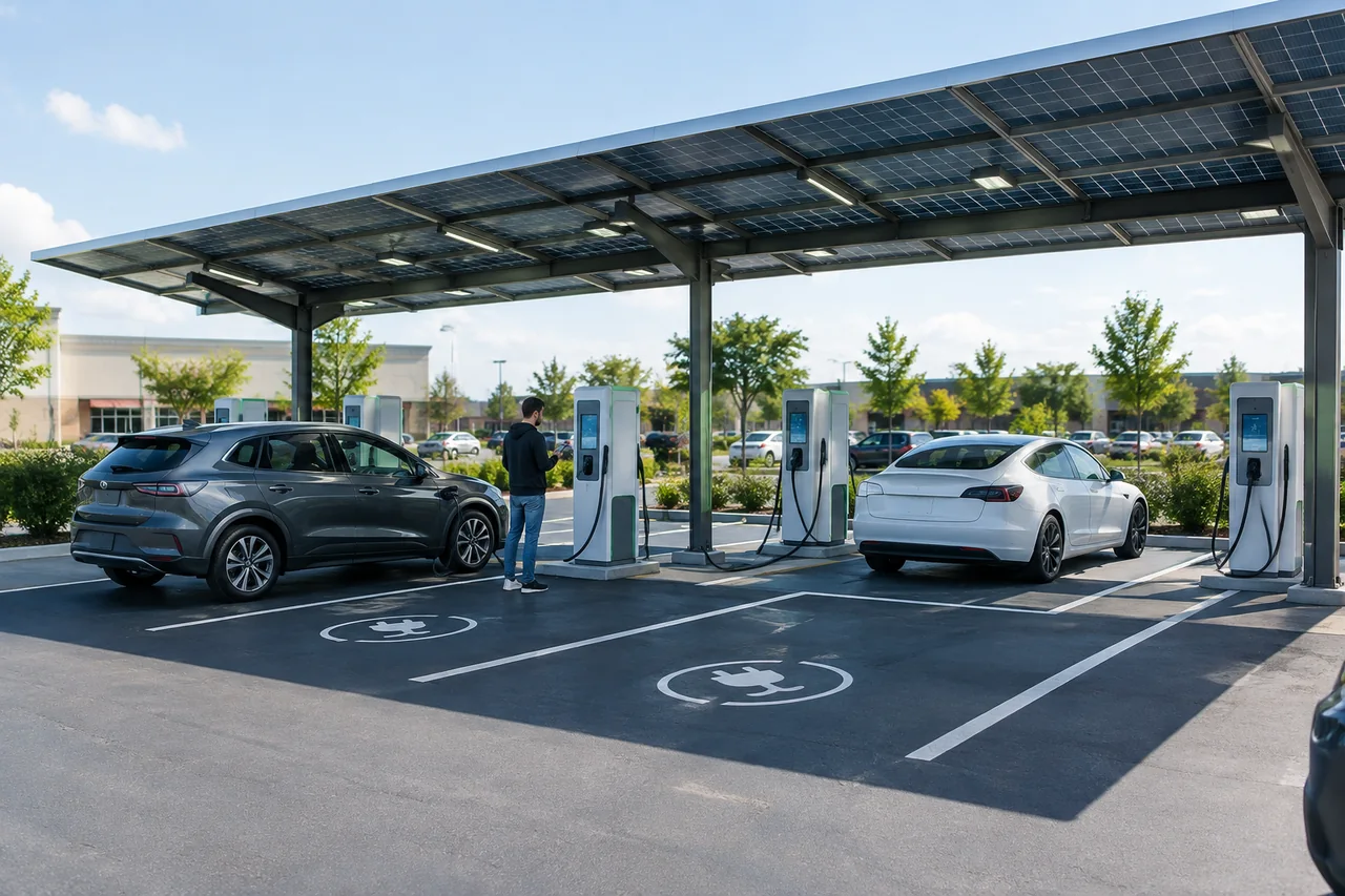 Electric cars plugged into public charging stations under a solar canopy in a parking lot