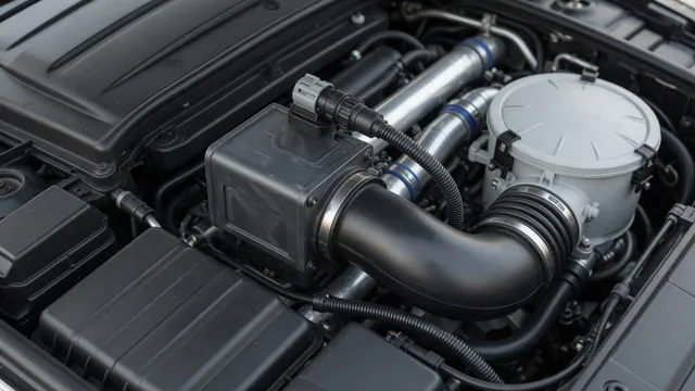 Illustration of a mass air flow sensor mounted in an engine air intake near the air filter housing