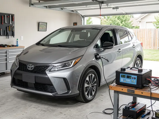 Hybrid parked in a garage with a 12V battery maintainer nearby and the charging cable disconnected