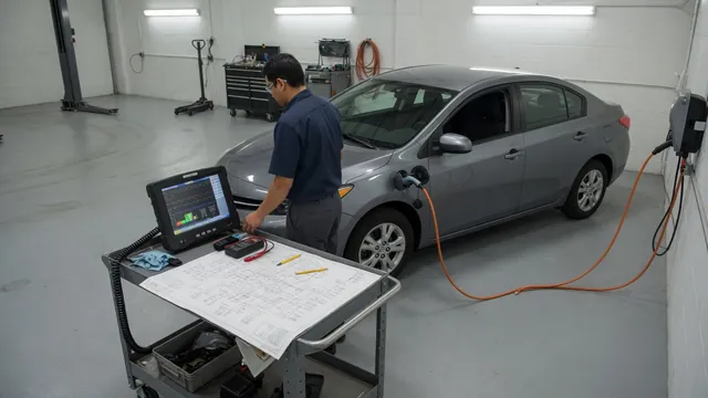 Technician reviewing transmission fault codes on a scan tool beside a parked vehicle