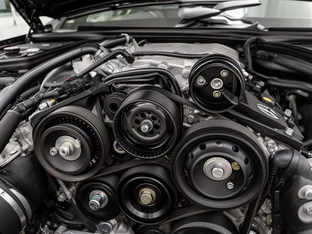 Mercedes-Benz engine accessory belt and pulleys viewed with the engine off