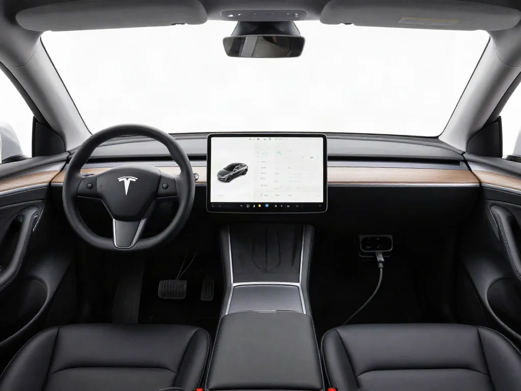 Tesla interior with a parked vehicle's touchscreen and steering wheel visible