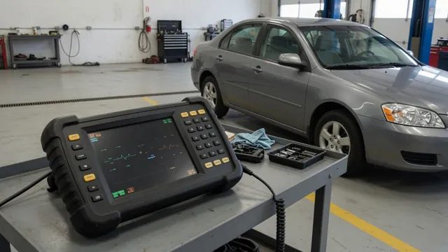 Diagnostic scanner displaying P1295 beside a parked vehicle in an automotive workshop