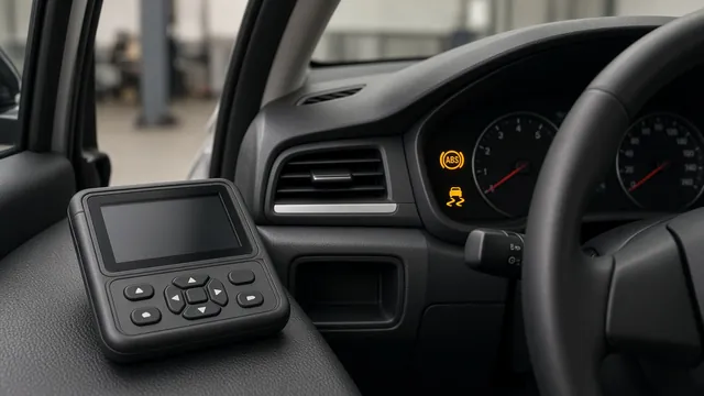 Diagnostic scanner beside a vehicle dashboard with ABS and traction control warning lights