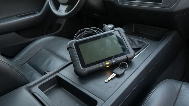 Diagnostic scanner displaying P1610 beside a vehicle dashboard with a security indicator