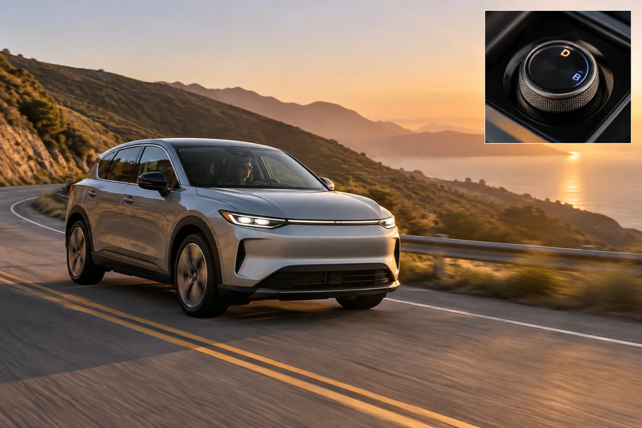Electric crossover driving downhill with an inset of a drive selector showing D and B regenerative braking modes