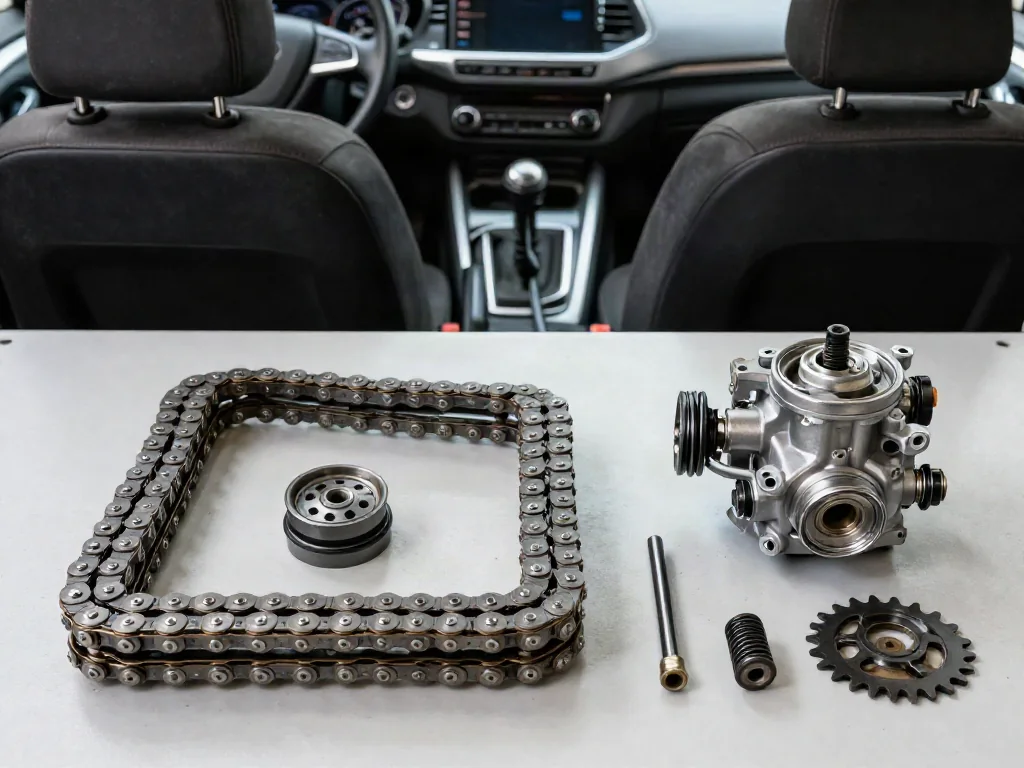 Timing chain, guides, tensioner, sprockets, and a separate water pump arranged on a clean workbench