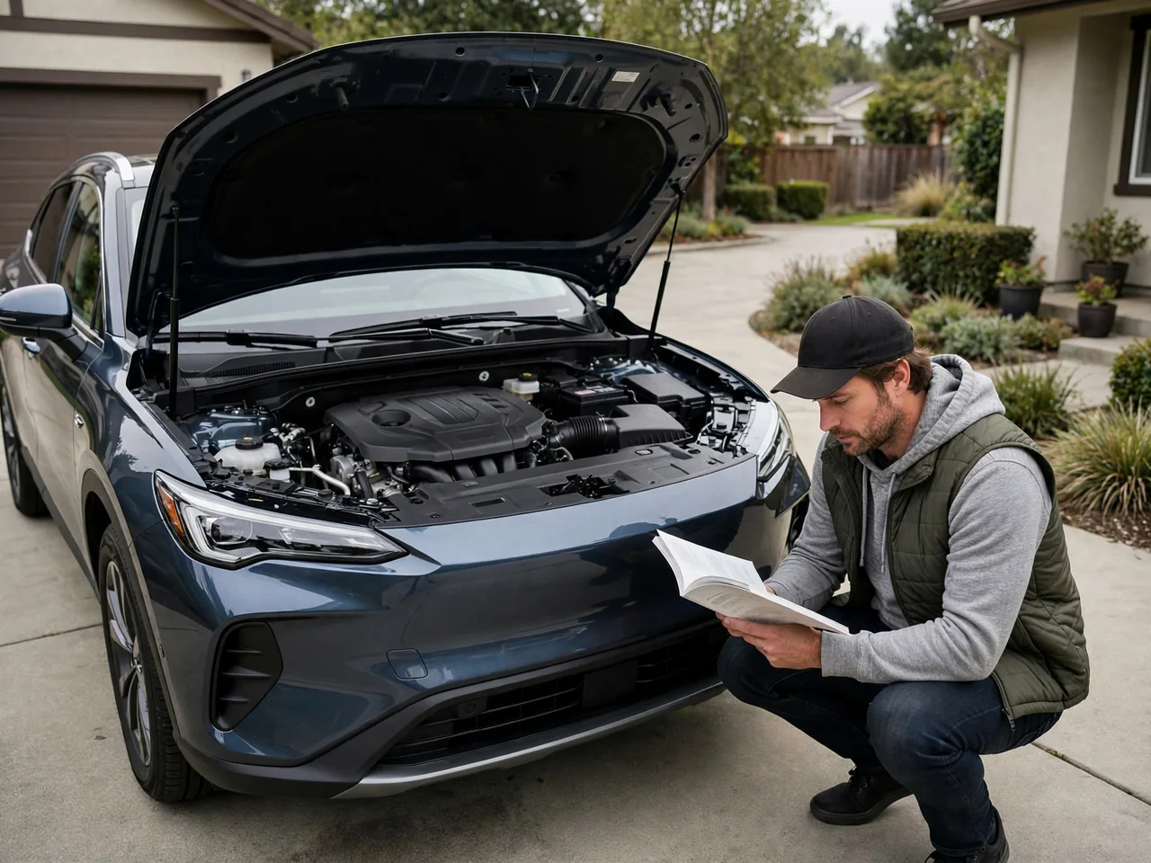 Nissan owner reviewing a vehicle manual with the hood open before a brake fluid service