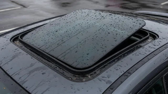 Water droplets on a car sunroof with visible seal and drainage channel