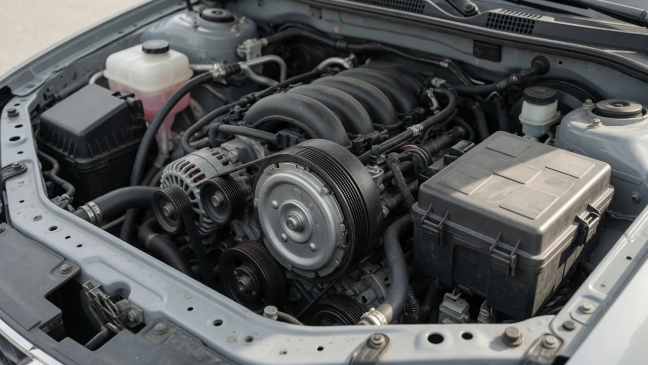 Engine bay with an A/C compressor clutch and a covered relay box