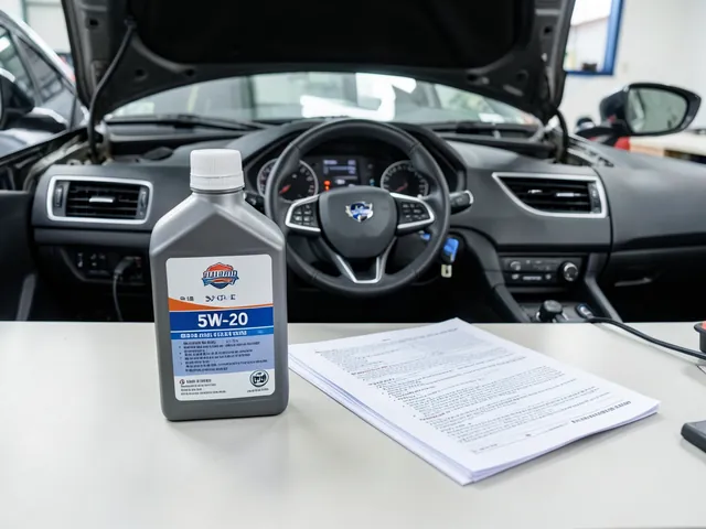 Bottle labeled SAE 5W-20 beside an owner’s manual and a parked vehicle with its hood open