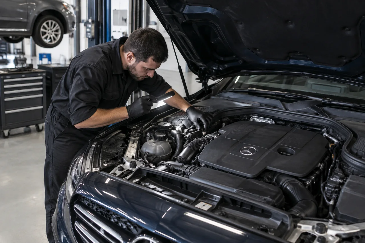 Mercedes-Benz engine bay with crankcase ventilation components inspected using a work light