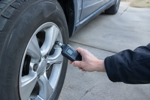 Hand holding a digital tire pressure gauge squarely against a parked car's tire valve