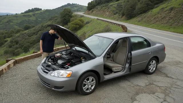 Car safely parked beside a hilly road with its engine off and hood raised