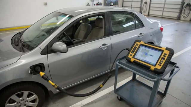 Diagnostic scan tool displaying P1233 beside a vehicle in a repair shop