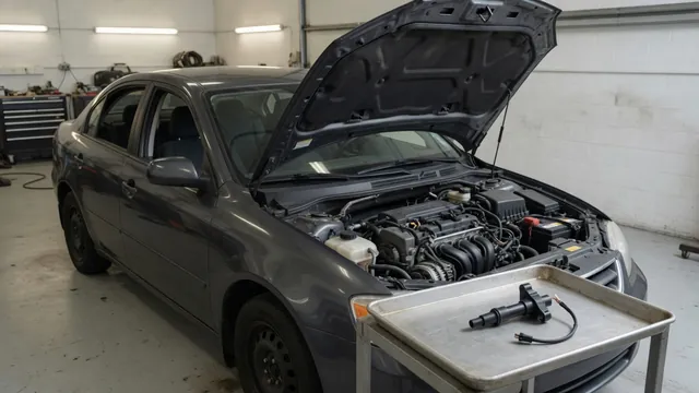 Ignition coil beside a BMW engine bay with the engine off