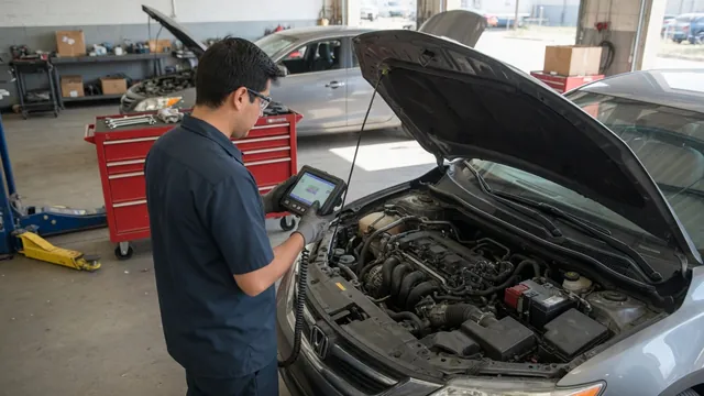 Technician reviewing diagnostic scan data beside an open engine bay