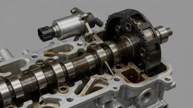 Engine camshaft timing assembly with an intake cam phaser and oil control solenoid highlighted
