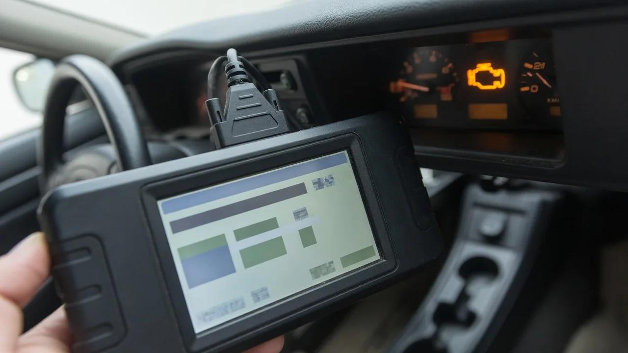 OBD-II scanner plugged in under a car dashboard showing a P1145 code, with a check engine light in the background