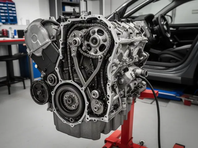 Exposed engine timing chain with guides, tensioner, and guide bolts visible in a clean workshop