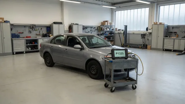 Diagnostic scan tool displaying P1325 beside a parked vehicle in an automotive workshop