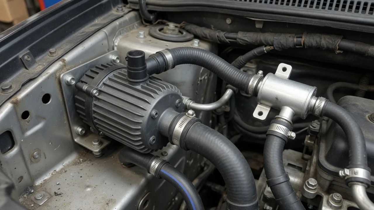 Secondary air injection pump, hoses, and valve illustrated within a simplified engine compartment