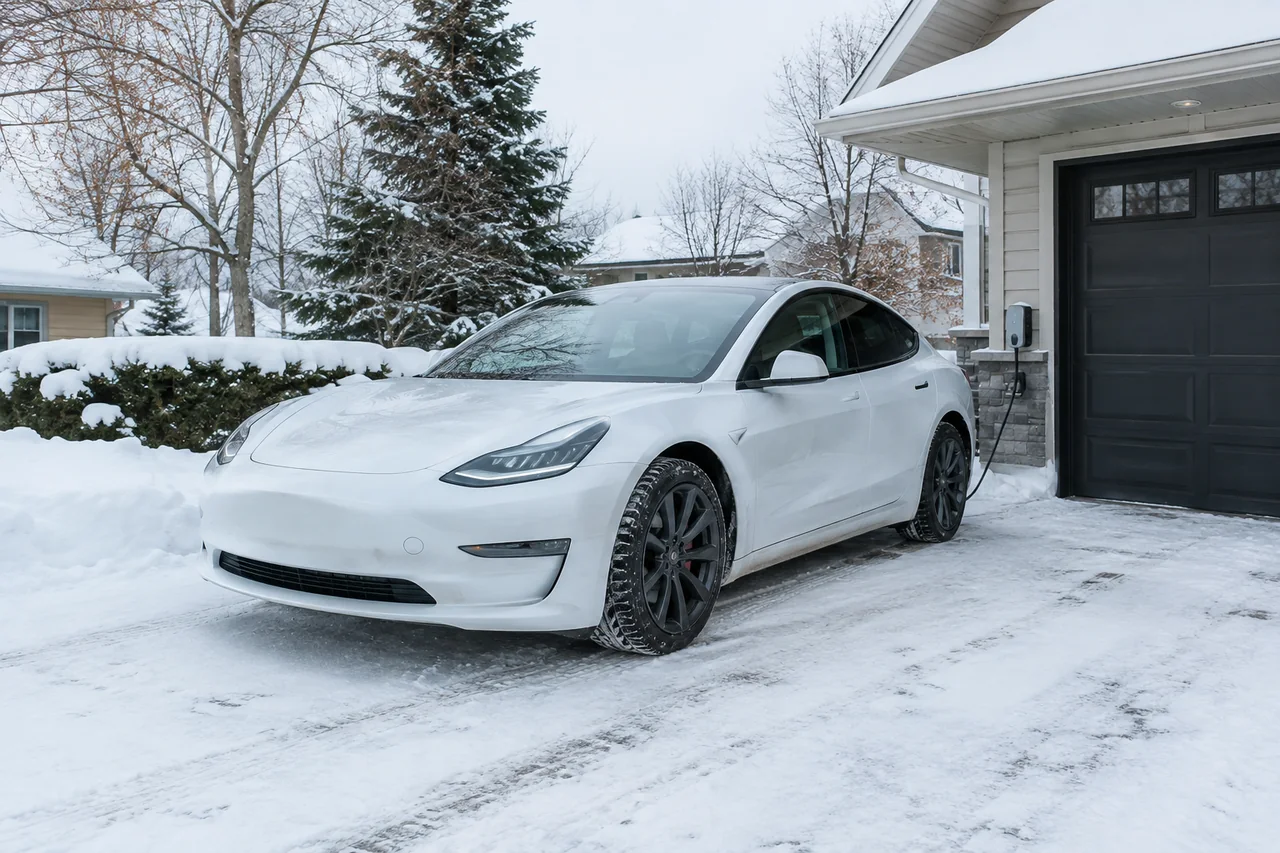 Tesla parked on a snowy driveway with winter tires and visible tread