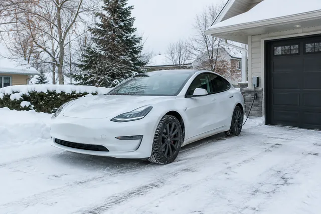 Tesla parked on a snowy driveway with winter tires and visible tread