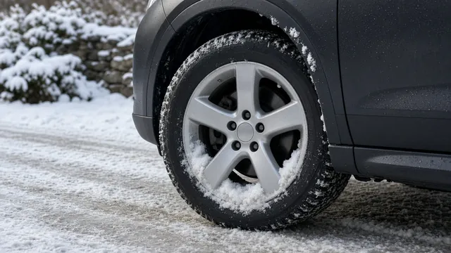 Snow packed inside a parked car’s wheel after a winter storm
