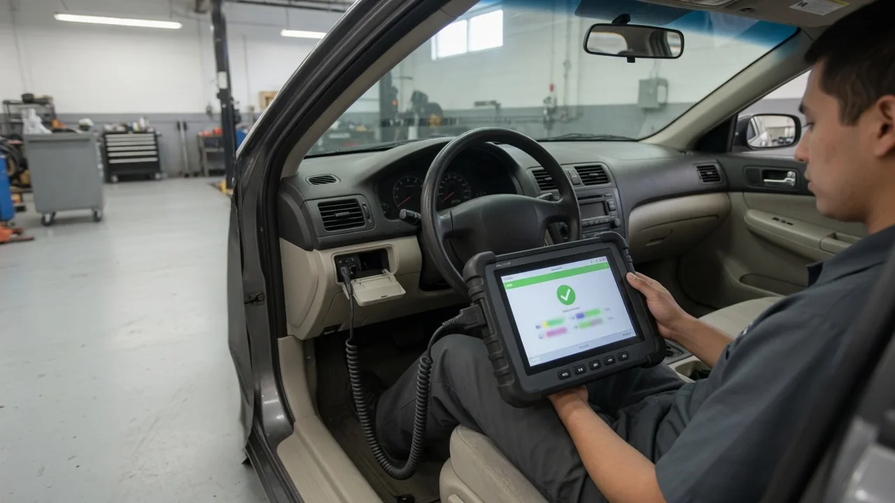 Diagnostic scan tool connected inside a parked vehicle during a self-test status check