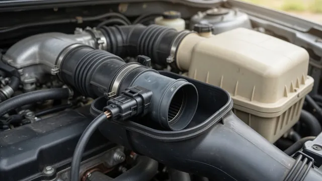 Illustration of a mass air flow sensor mounted near an engine air filter housing