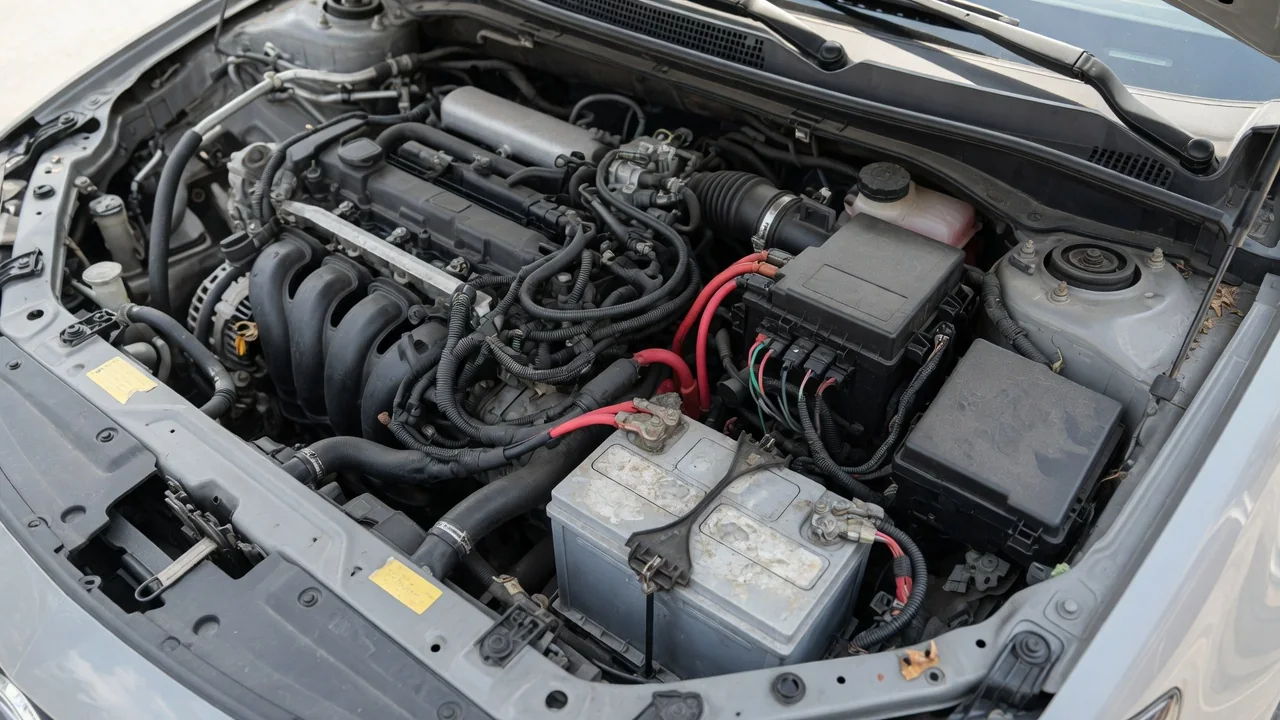 Engine compartment with a covered fuse and relay box near the vehicle battery