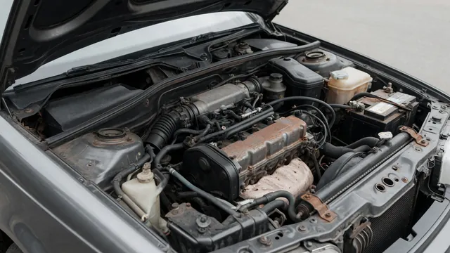 Light surface rust on an engine bracket and exposed cast iron in a parked car’s engine bay.