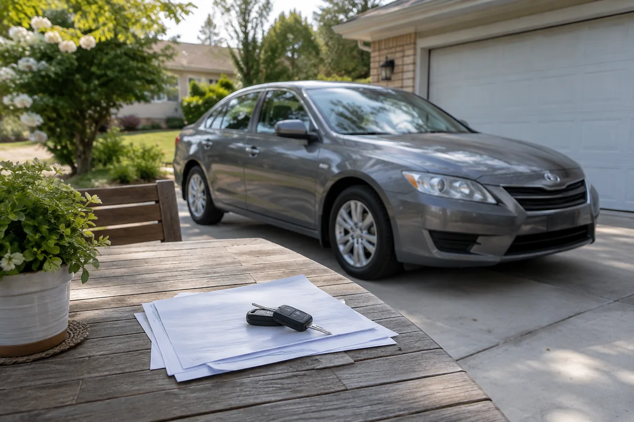 Used car parked beside a table with keys and vehicle paperwork awaiting an ownership check