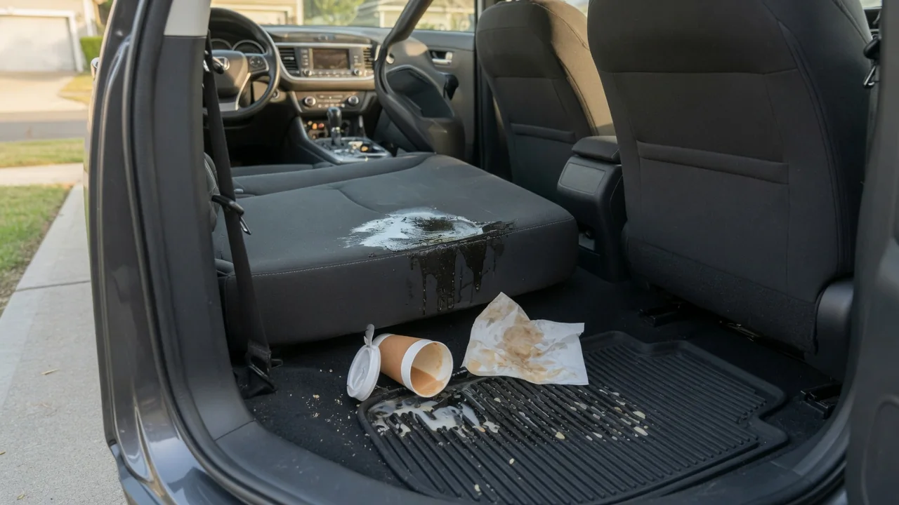 Automotive scene illustrating Why Does a Car Smell Bad After a Spill