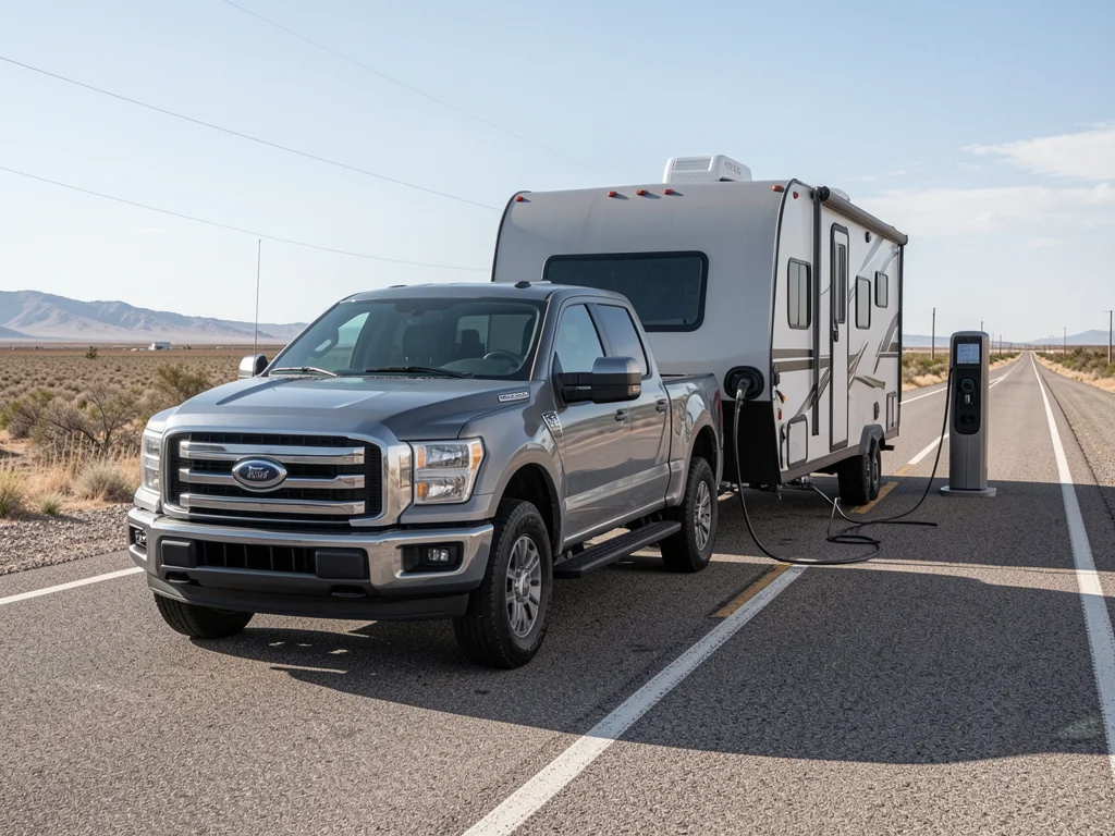 Electric pickup towing a travel trailer along an open highway with a charging station ahead