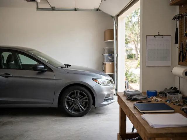A parked car in a home garage with a calendar and maintenance log on a nearby workbench