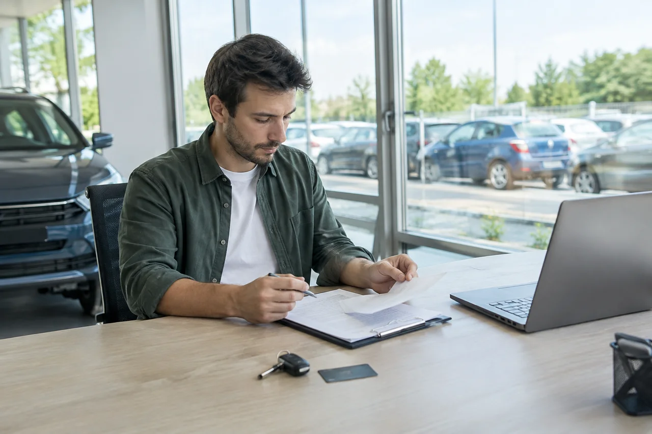 Used-car buyer reviewing a purchase agreement beside a car key and a payment card at a dealership