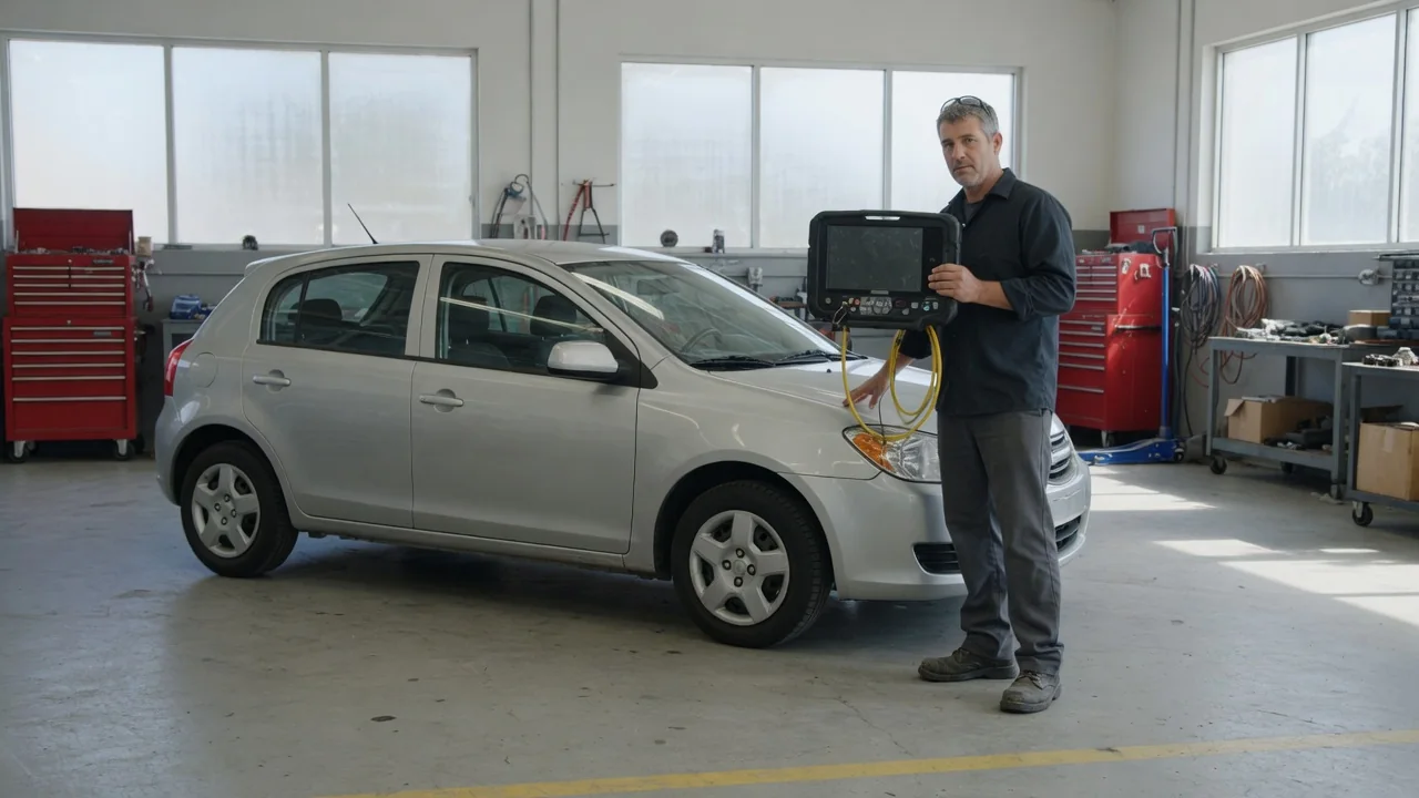 Technician reviewing transmission fault codes on a scan tool beside a parked car