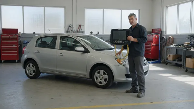 Technician reviewing transmission fault codes on a scan tool beside a parked car