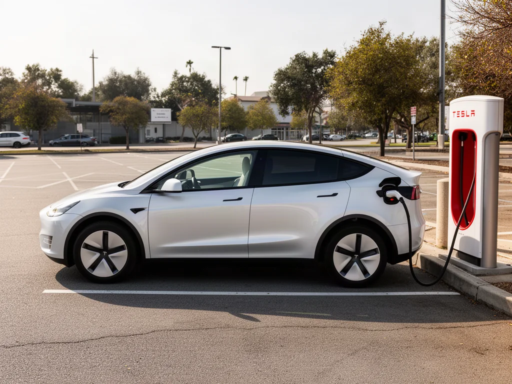 Non-Tesla electric vehicle parked at a Tesla charging station with its charge port visible
