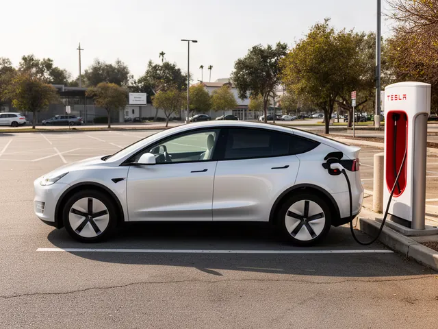 Non-Tesla electric vehicle parked at a Tesla charging station with its charge port visible